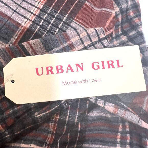 Urban Girl Plaid Shirt XL Brown Burgundy Button Up Y2K Fall Layering Grunge - Picture 9 of 10
